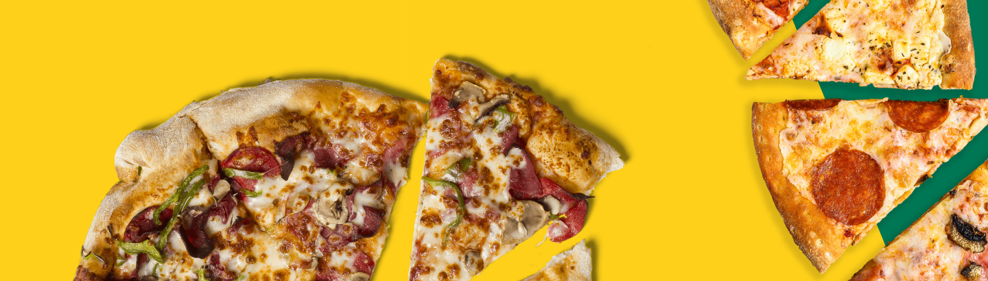 Two different pizzas with a yellow background.