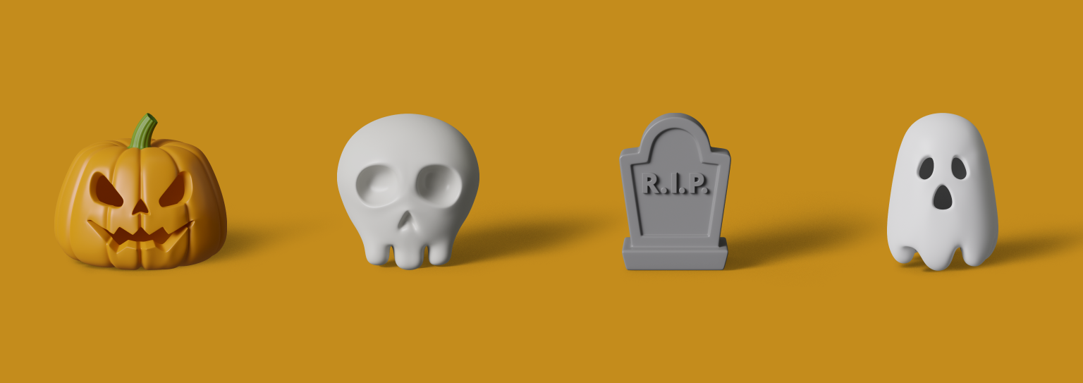 A spooky 3D Halloween scene featuring a ghost, pumpkin, and tombstone.